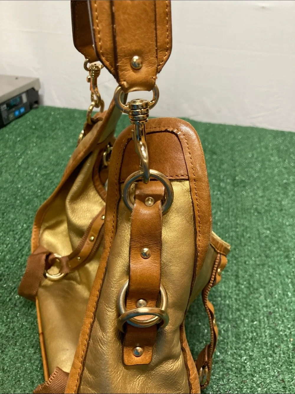 Vintage Michael Kors Metallic Gold Shoulder Bag with Brown Trim (OKPM-09-032)